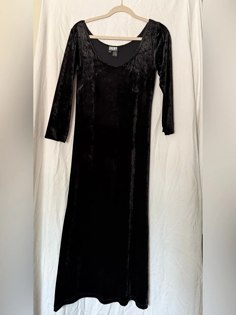 Vintage 90s DKNY Crushed Black Velvet Maxi Dress with Scoop Neck